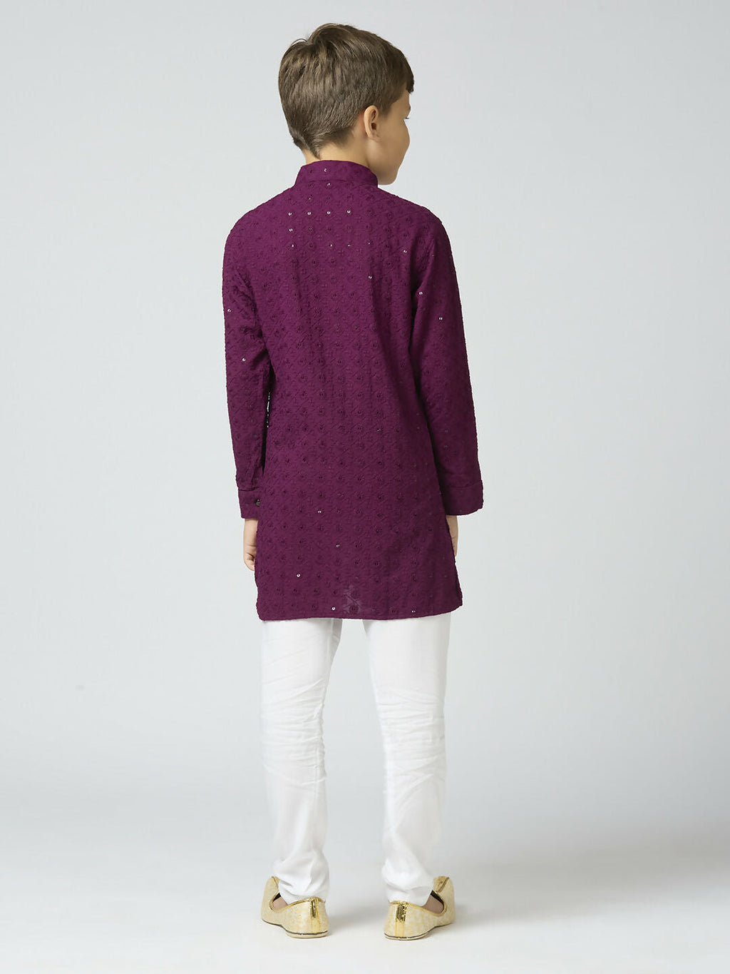 Boys Cotton Kurta and Pyjama Set with Sequin Work in Wine