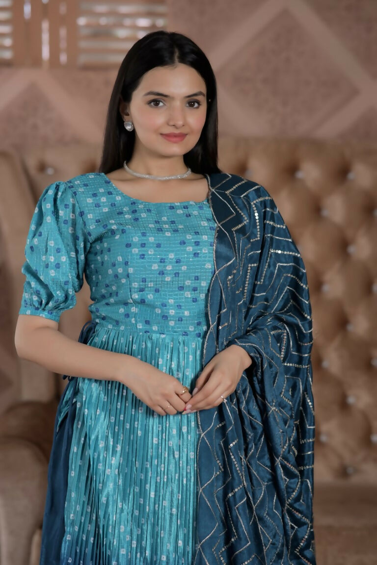 Blue Muslin Floral Print Kurta Set with Crush Pleating & Dupatta