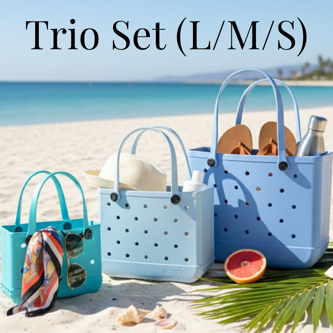 Set of 3 blue EVA rubber tote bags in XL, M, and S sizes displayed together.