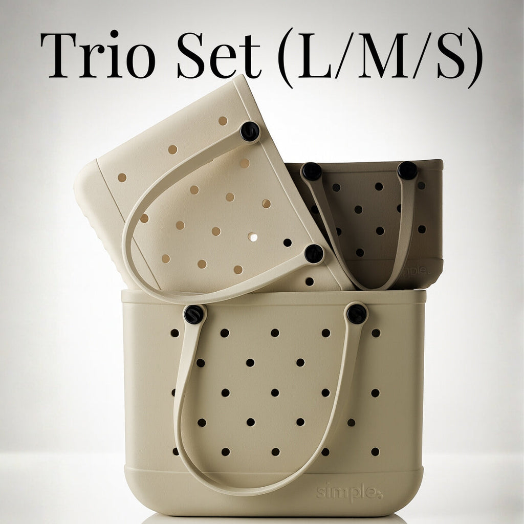 Set of three beige EVA rubber tote bags in varying sizes.