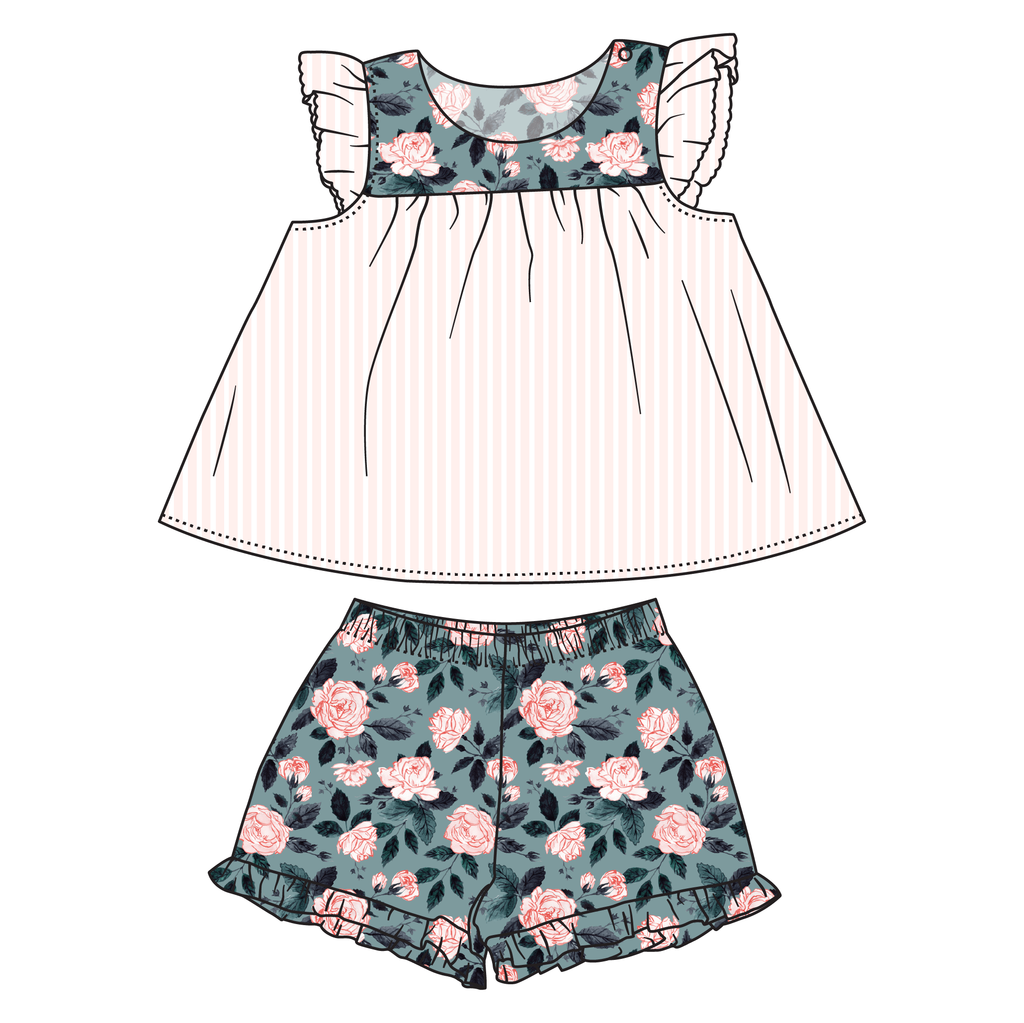 Evelyn Floral Bamboo Flutter Sleeve Tunic + Short Set