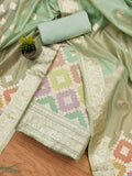 Green heavy organza unstitched suit fabric with zari woven jacquard detail