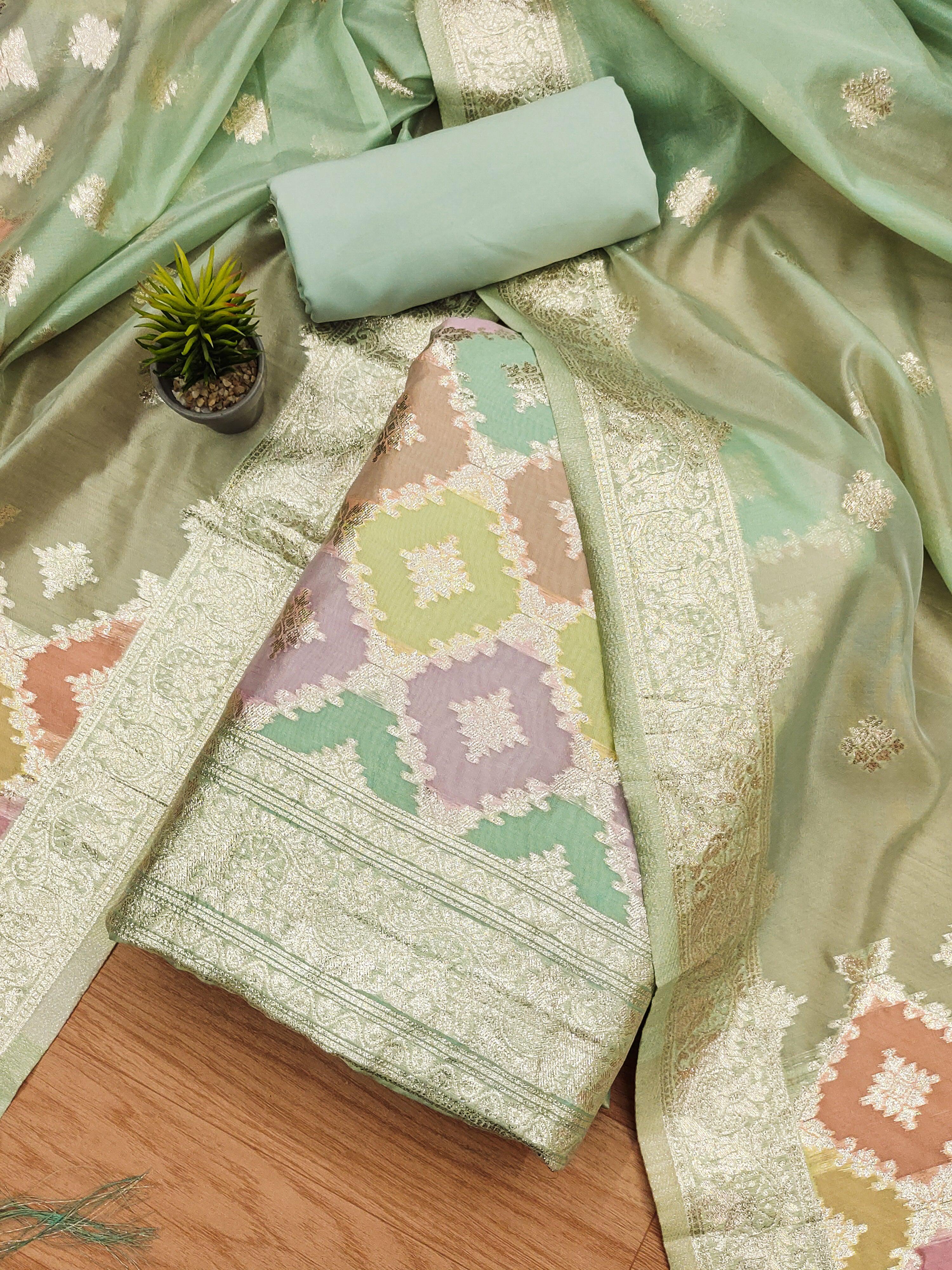 Green heavy organza unstitched suit fabric with zari woven jacquard detail