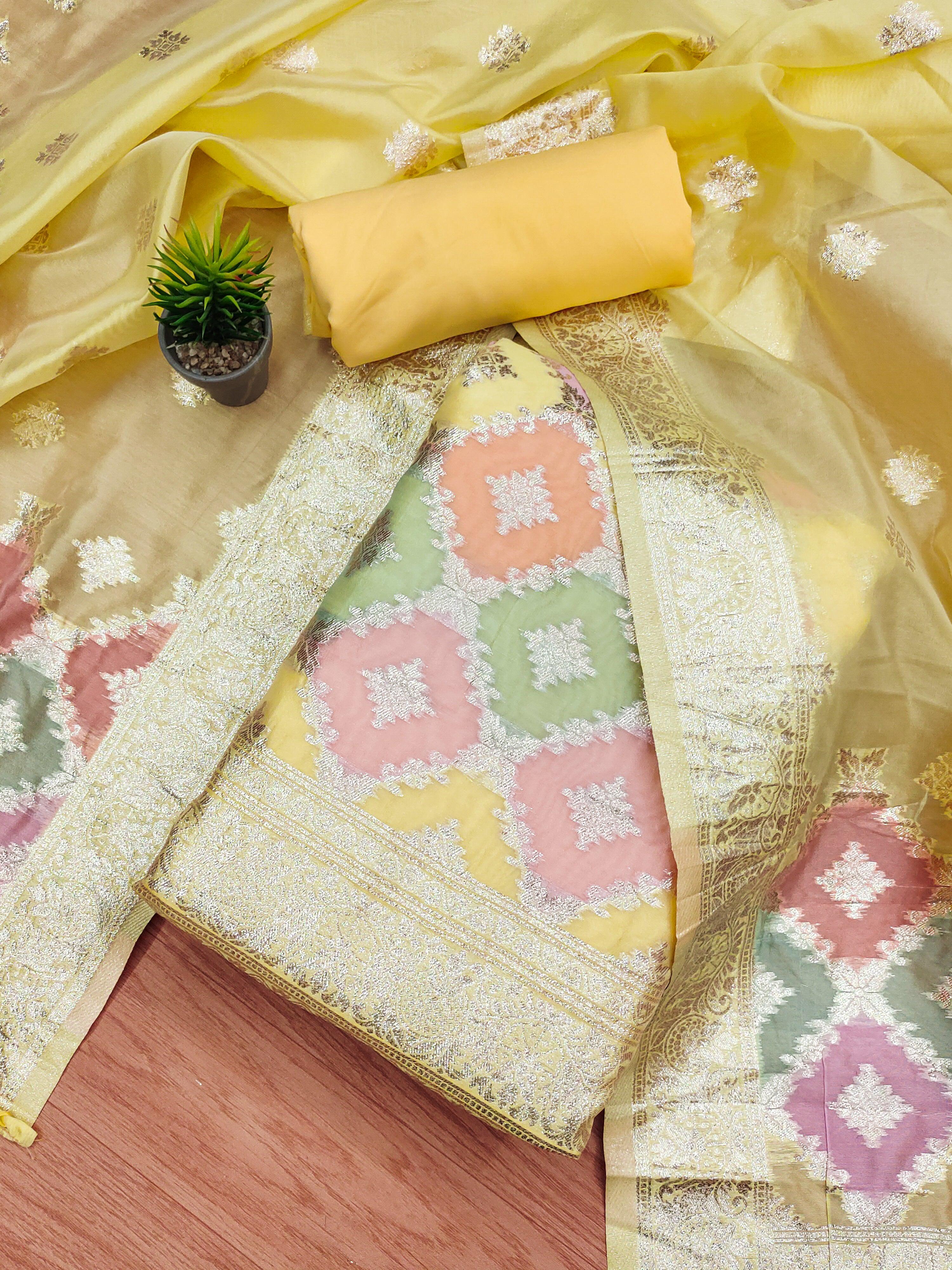Yellow unstitched Zari Woven Organza suit fabric with intricate jacquard details