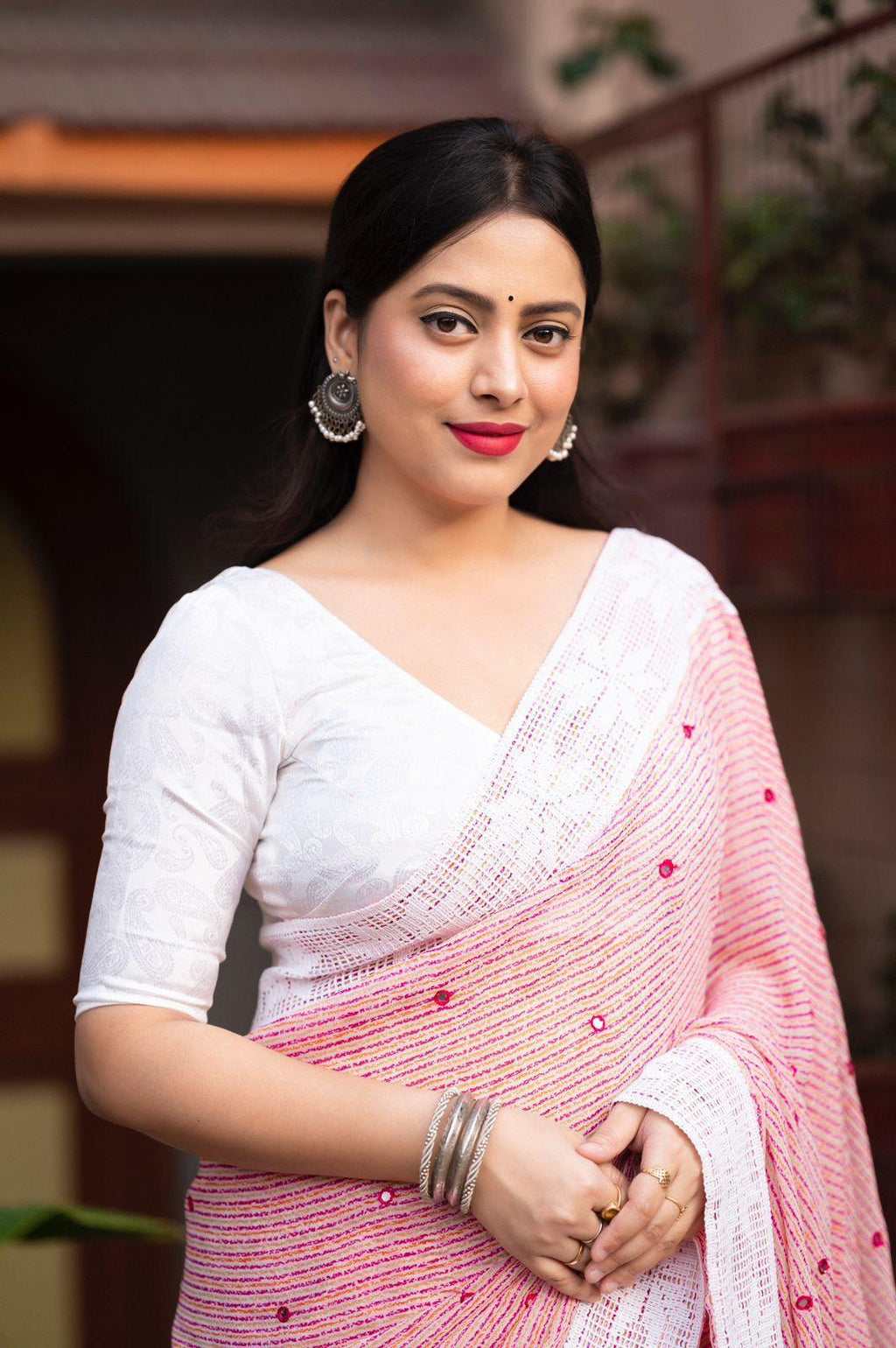 Pink Poly Georgette Ethnic Motif Saree with Mango Design Blouse