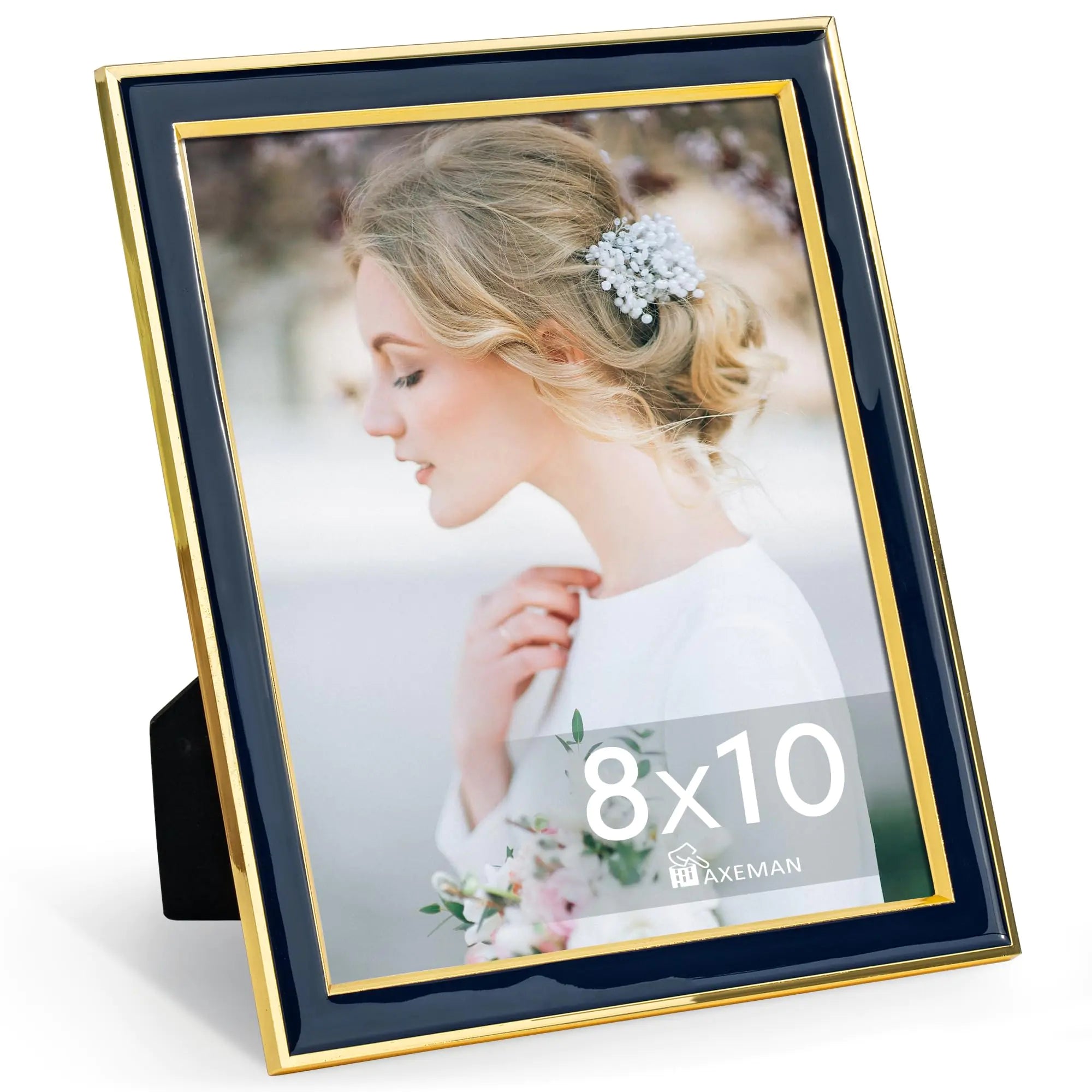Axeman 8x10 Picture Frames Navy Blue Enamel with Gold Metal Edge and Real Glass Wall Mounted or Tabletop Display for Shelf Desk & Countertop Decor