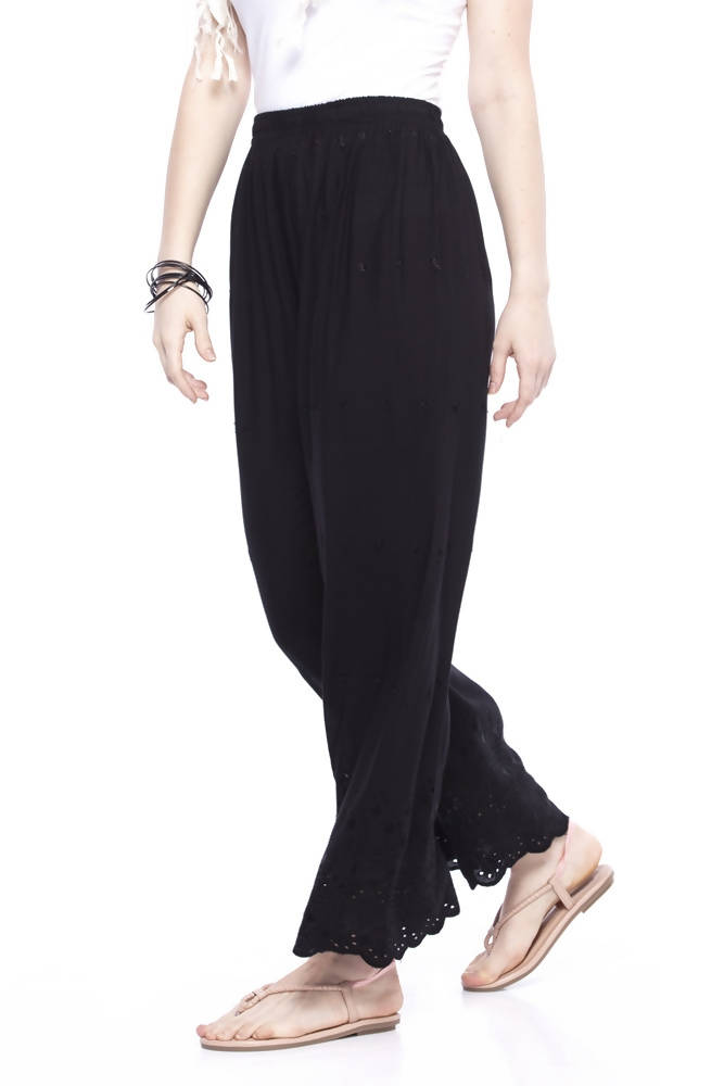 Black rayon cotton palazzo featuring intricate chikan embroidery detail
