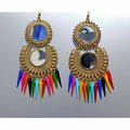 Gold-tone hanging fashion earrings decorated with colorful pearls