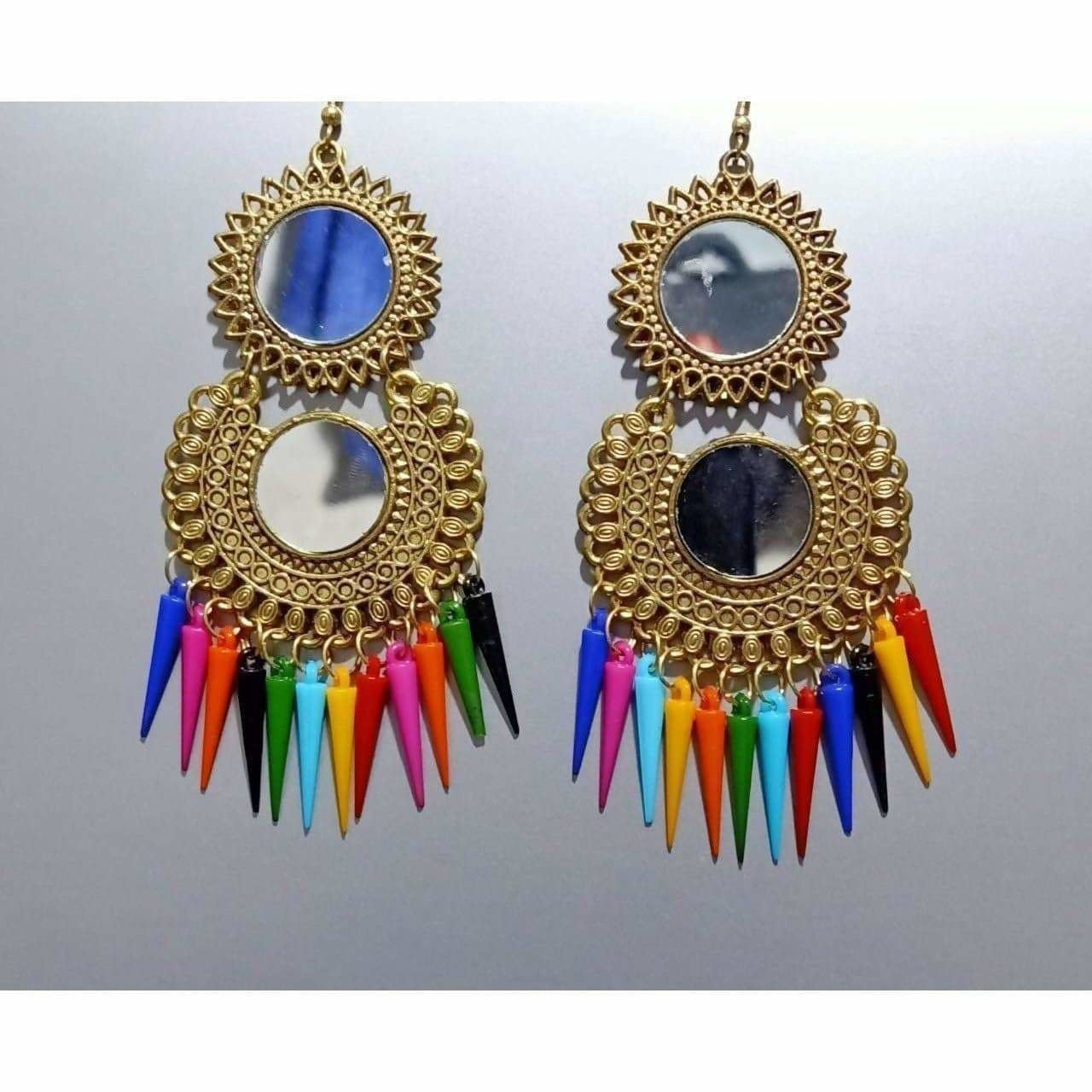 Gold-tone hanging fashion earrings decorated with colorful pearls