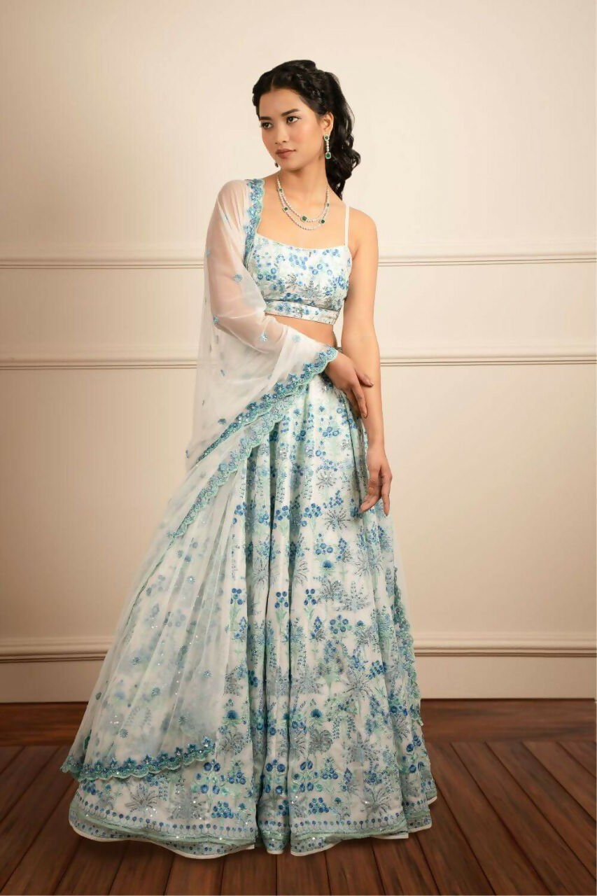 Sky blue faux georgette lehenga choli with 3MM sequins, thread, and zari embroidery