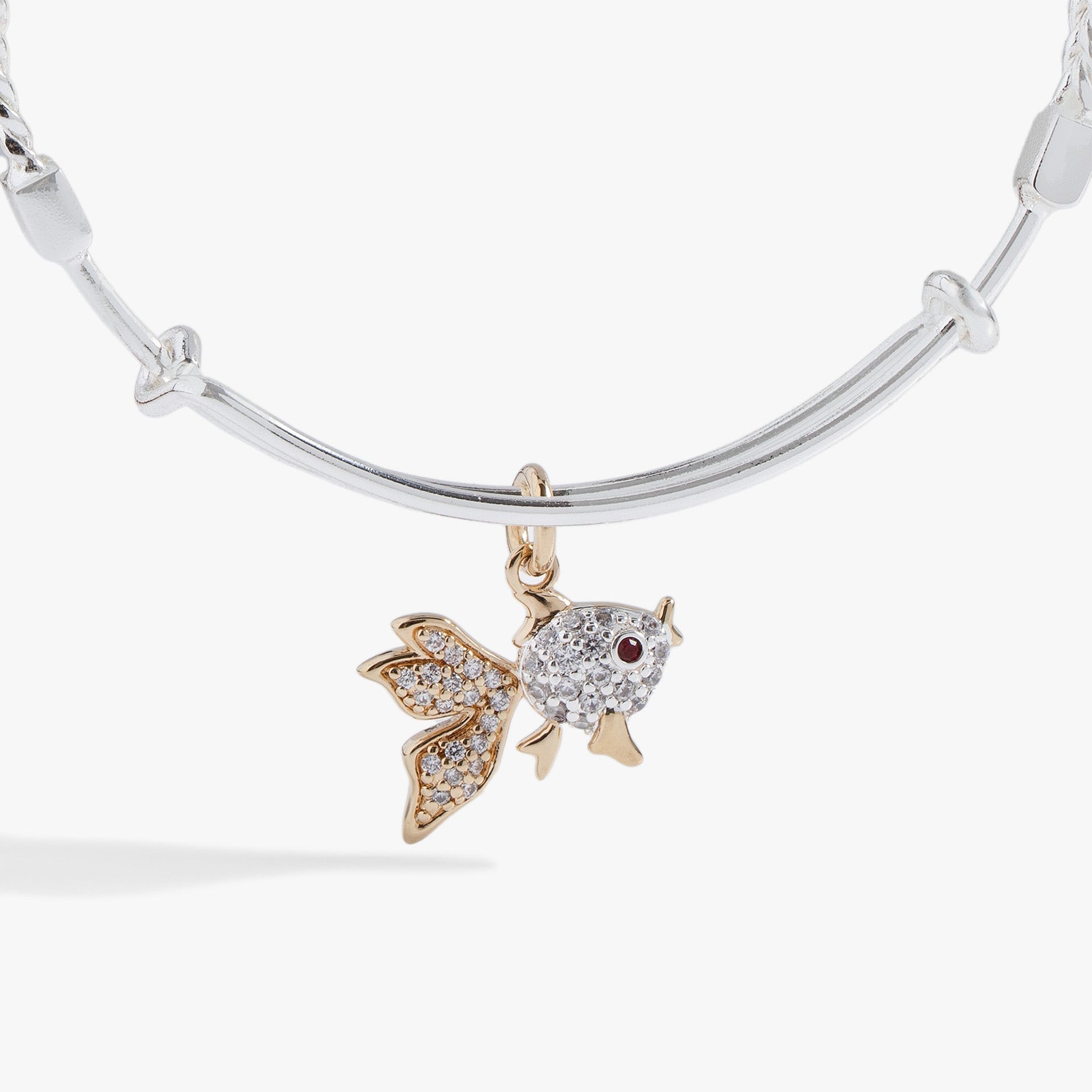 Textured Goldfish Charm Bangle Bracelet in Two-Tone Silver and Gold