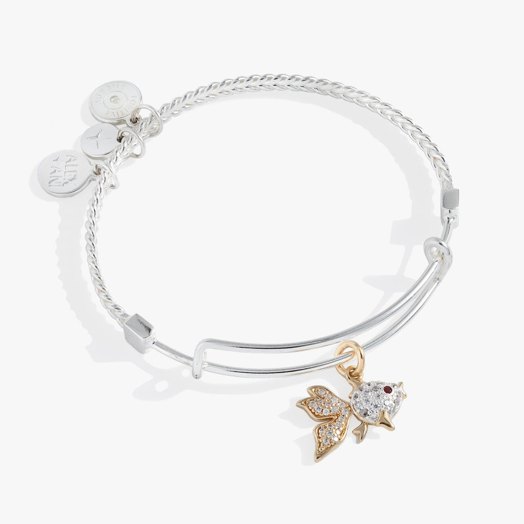 Two-tone silver and gold wire bangle featuring a crystal-encrusted goldfish charm with a ruby eye.