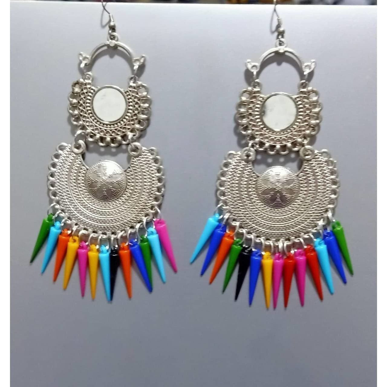 Oxidized silver Chandbali earrings with mirror and multicolor cone pearls