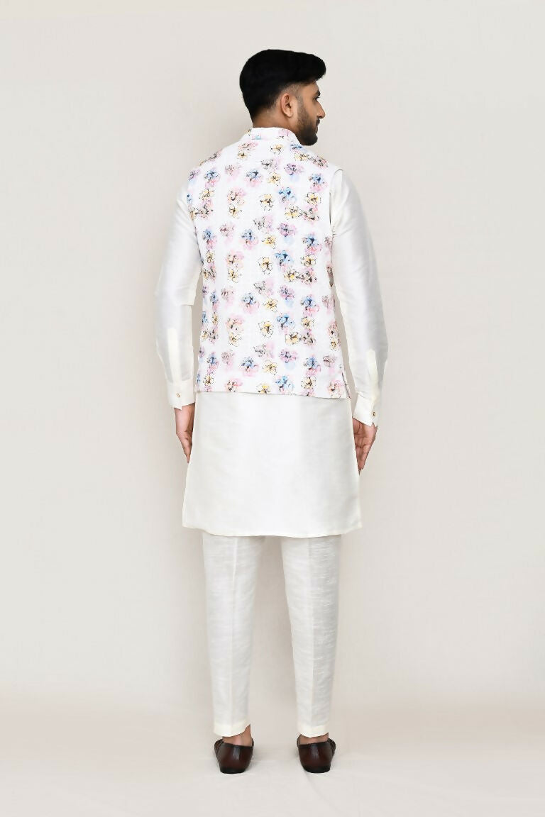 White Art Silk Kurta with Matching Jacket and Straight Fit Pant