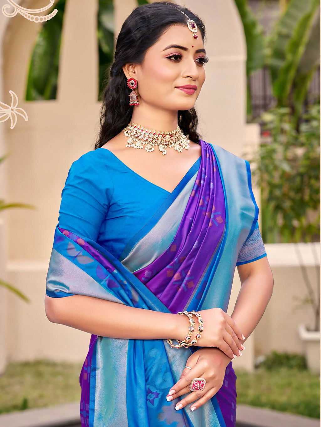 Violet Pochampalli Silk Saree with Royal Blue Blouse and Trim