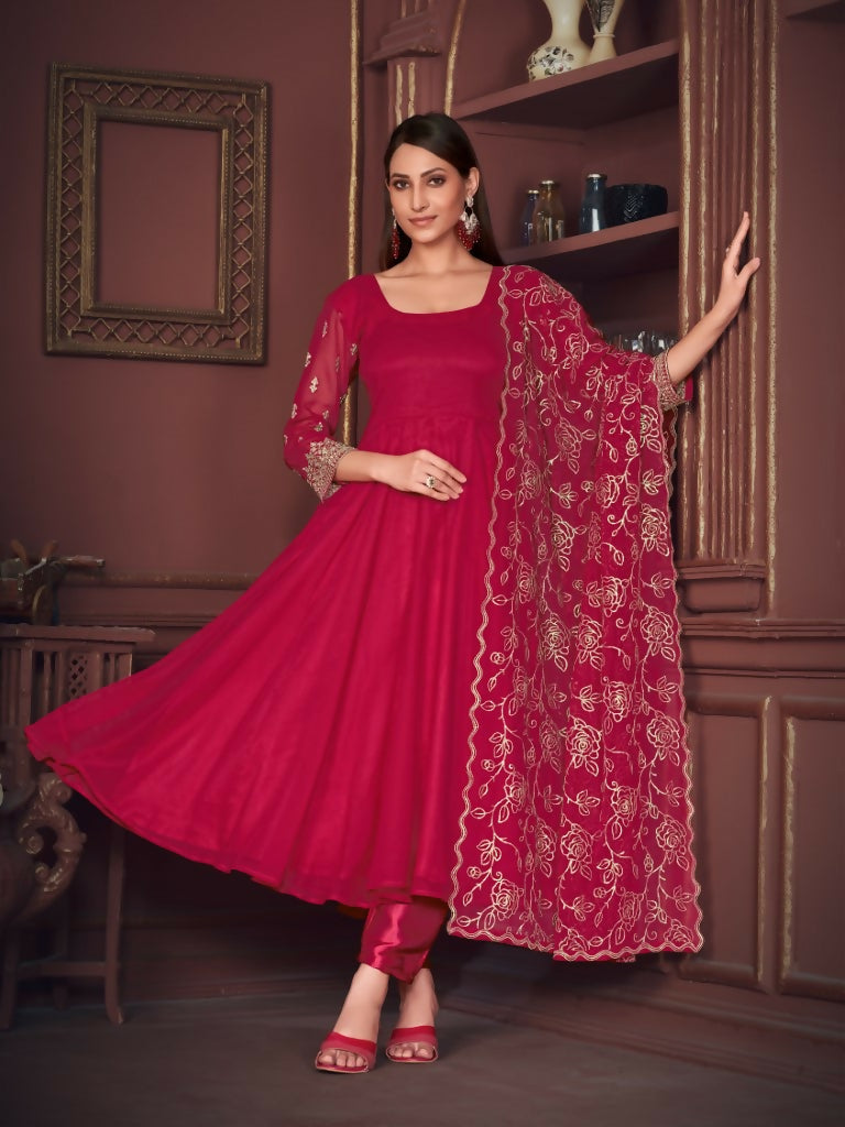 Vibrant rani pink georgette embroidered Anarkali kurta set
