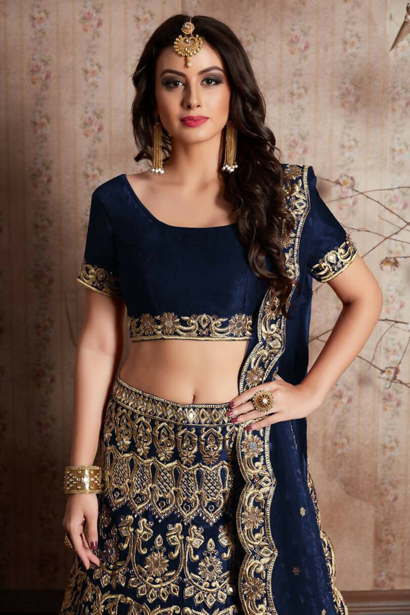 Navy Blue Sequins Embroidered Velvet Lehenga Choli Set