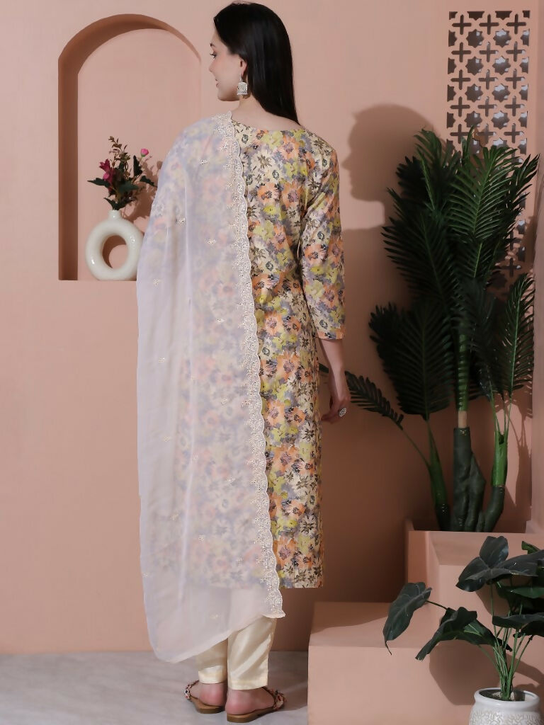 Women's Multicolor Floral Cotton Straight Kurta Trouser & Dupatta Set