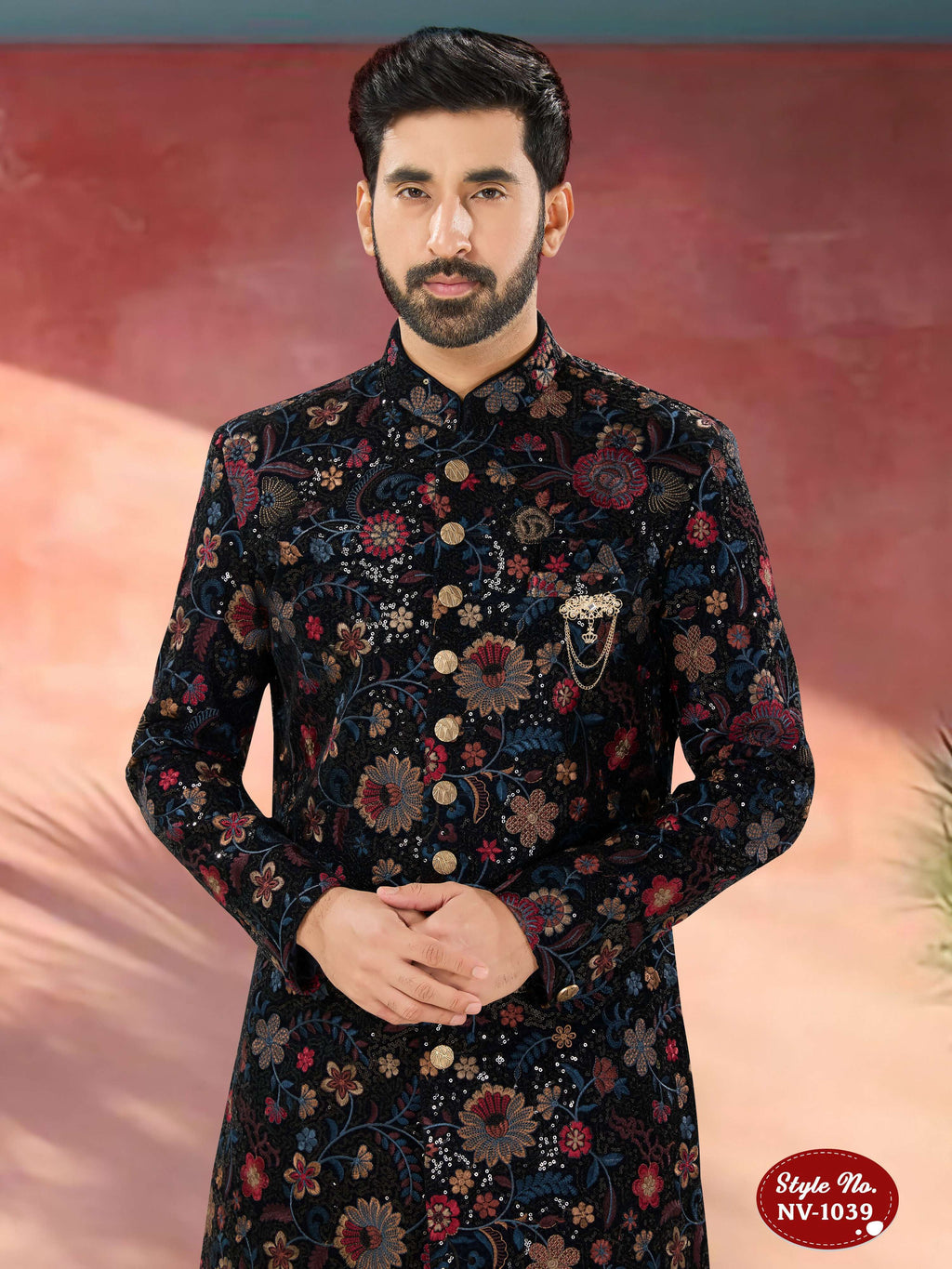 Men's Blue Multi-Colour Velvet Indo-Western Kurta Set with Embroidery