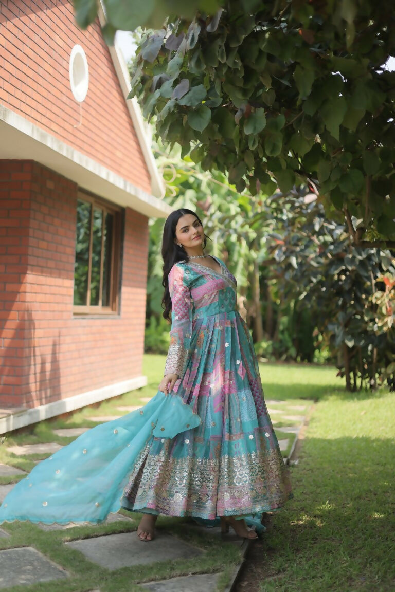 Sky Blue Russian Silk Anarkali Dress with Digital Print & Embroidery