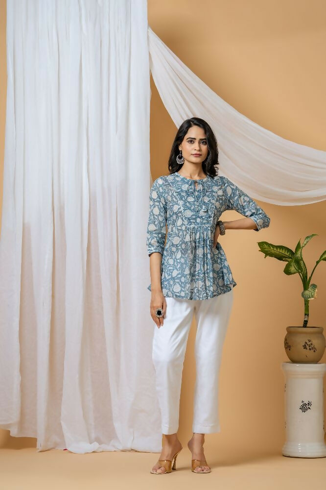 Woman wearing a Blue Floral Hand Block Printed Cotton Co-Ord Set with a matching top and bottom.