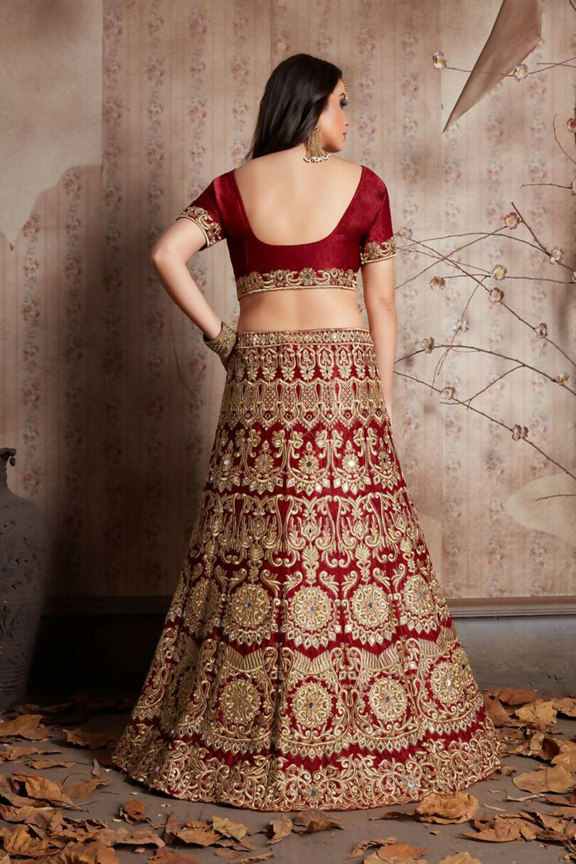 Red Sequins Embroidered Velvet Lehenga Choli with Mirror Work