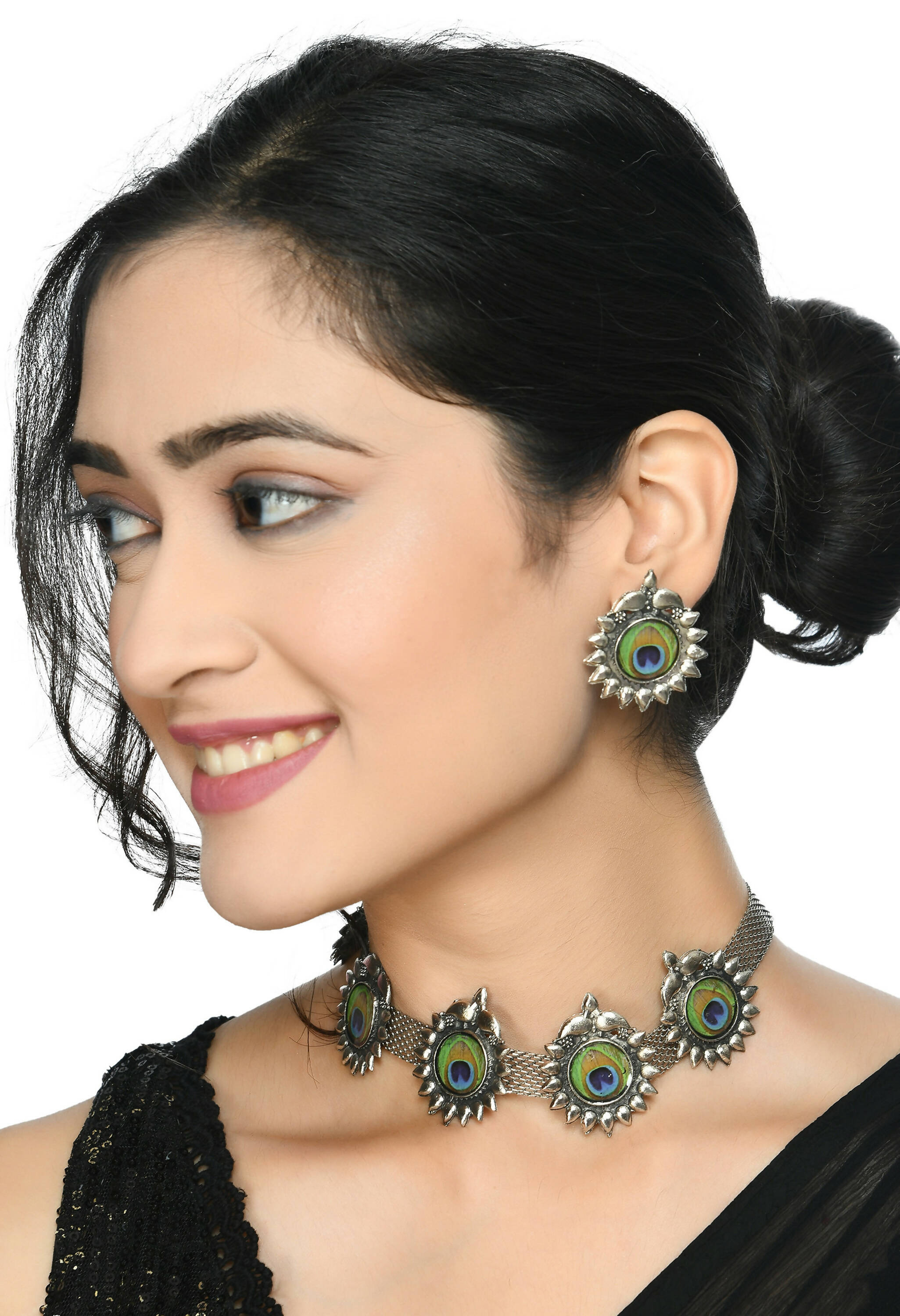 Oxidised Silver-Plated Peacock Wings Statement Choker