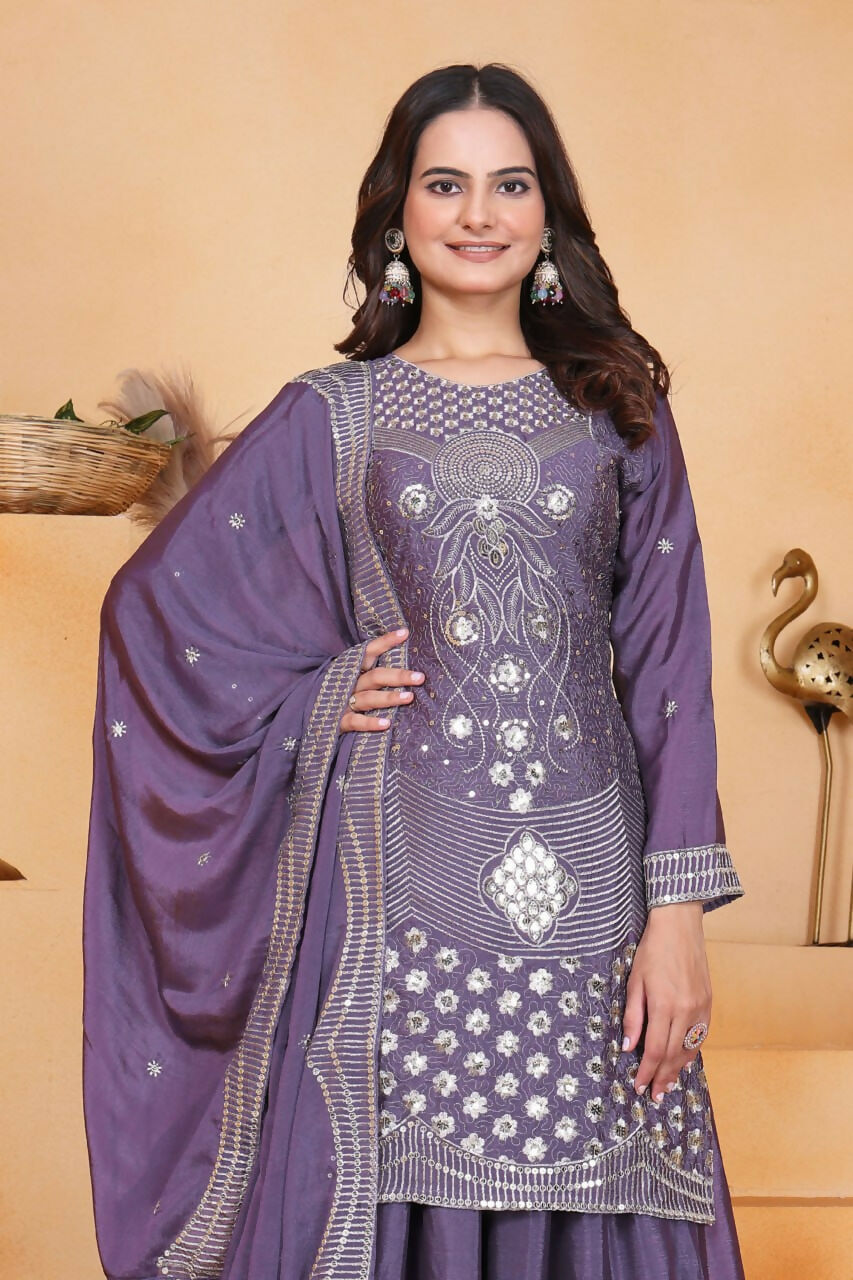 Purple Silk Embroidered Sharara Set for Traditional Events