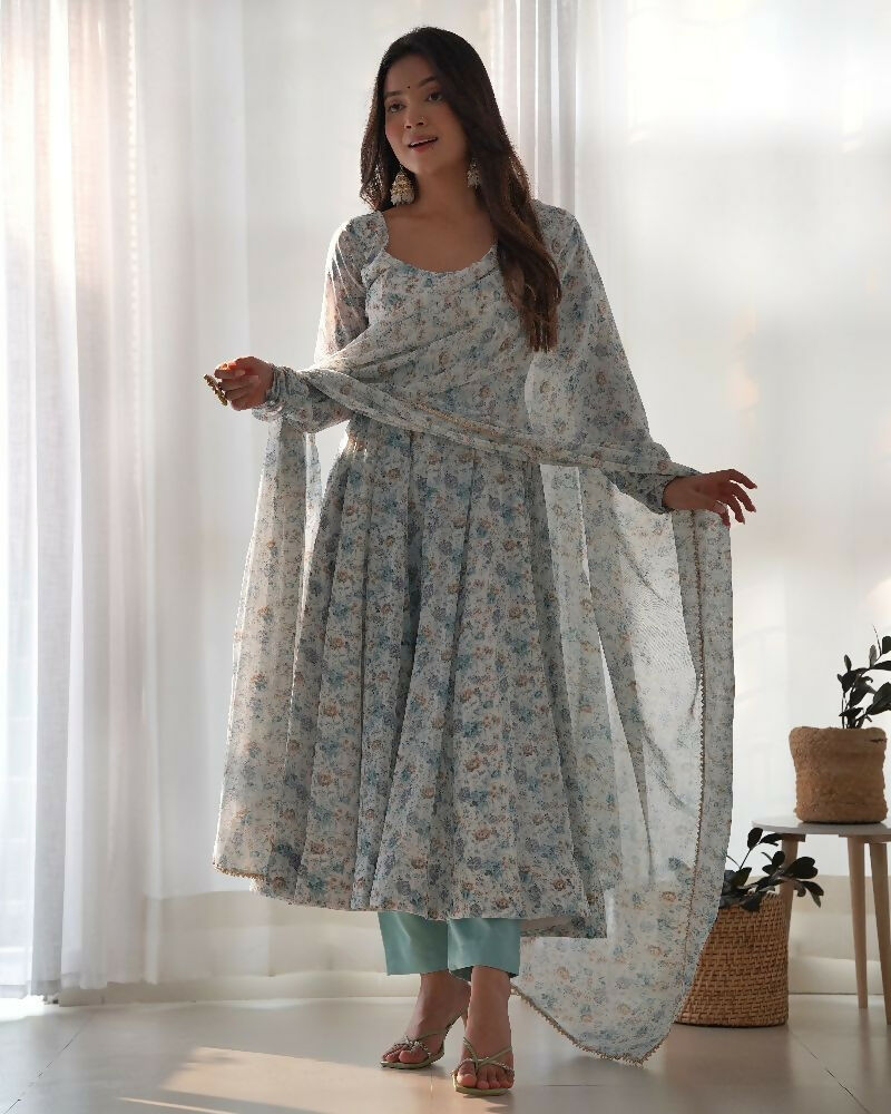 Sky Kurta Set in Organza with Sequin Embroidery and Cotton Bottom