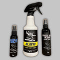 Early Season Combo hunting kit featuring 16oz ELMN8 spray, 2oz Calm Down spray, and 4oz White Oak Acorn scent in black and white bottles.