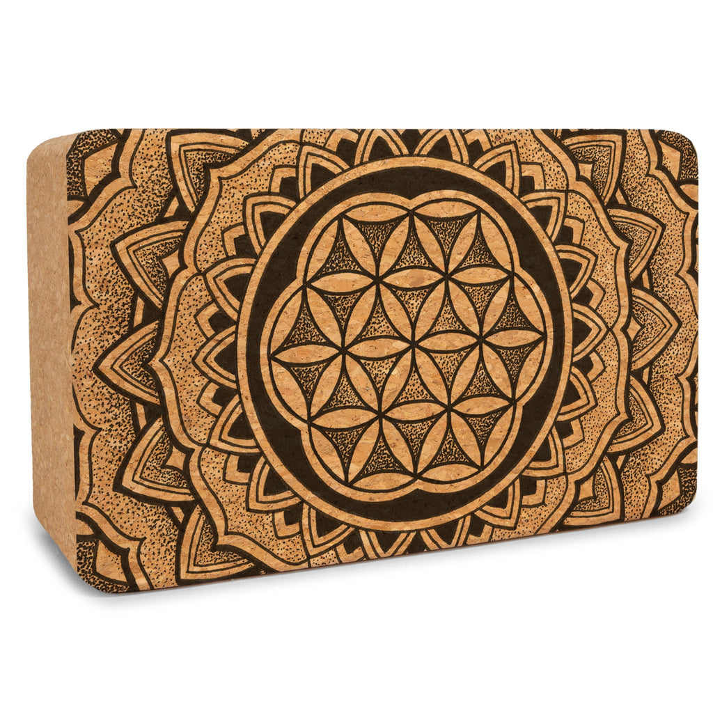 Brown solid cork yoga block with geometric detailing by Earth Rest