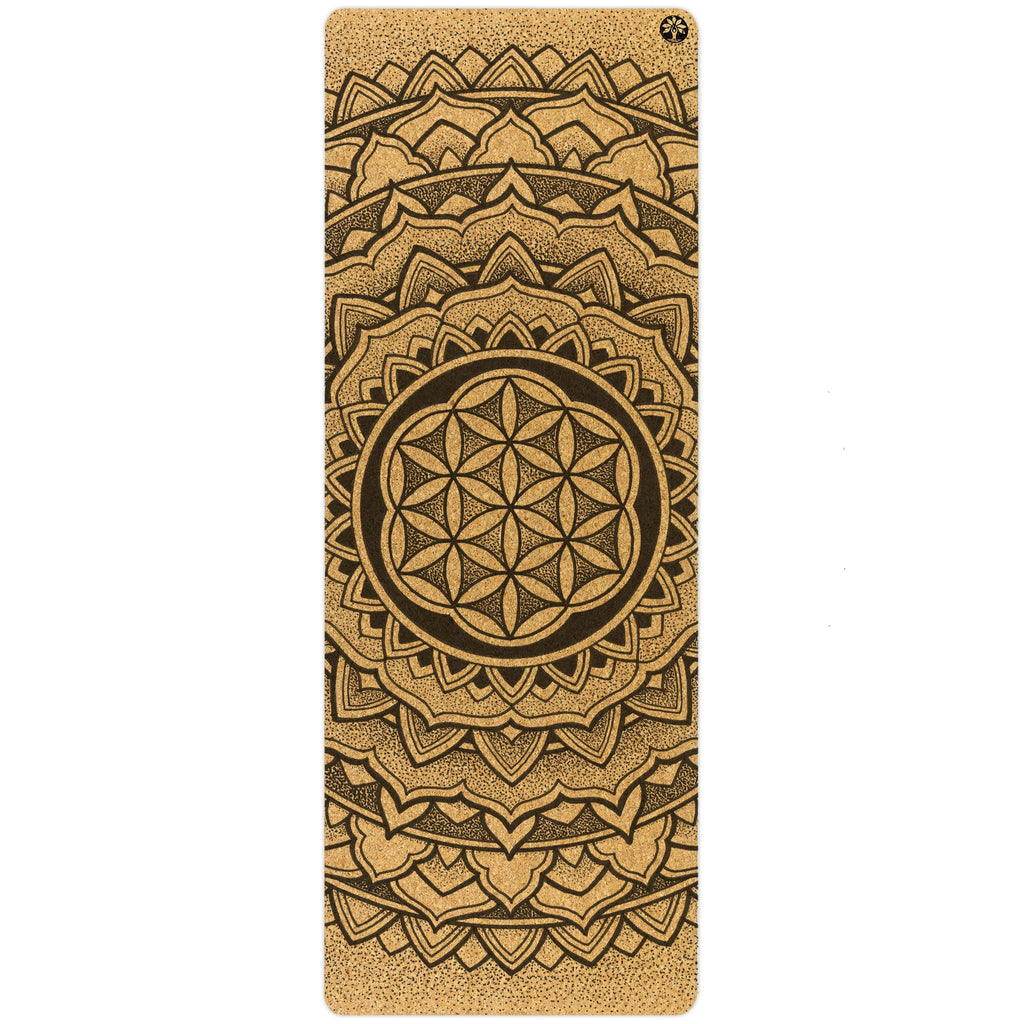 Geometric patterned Earth Rest Nomad cork yoga mat in brown and green