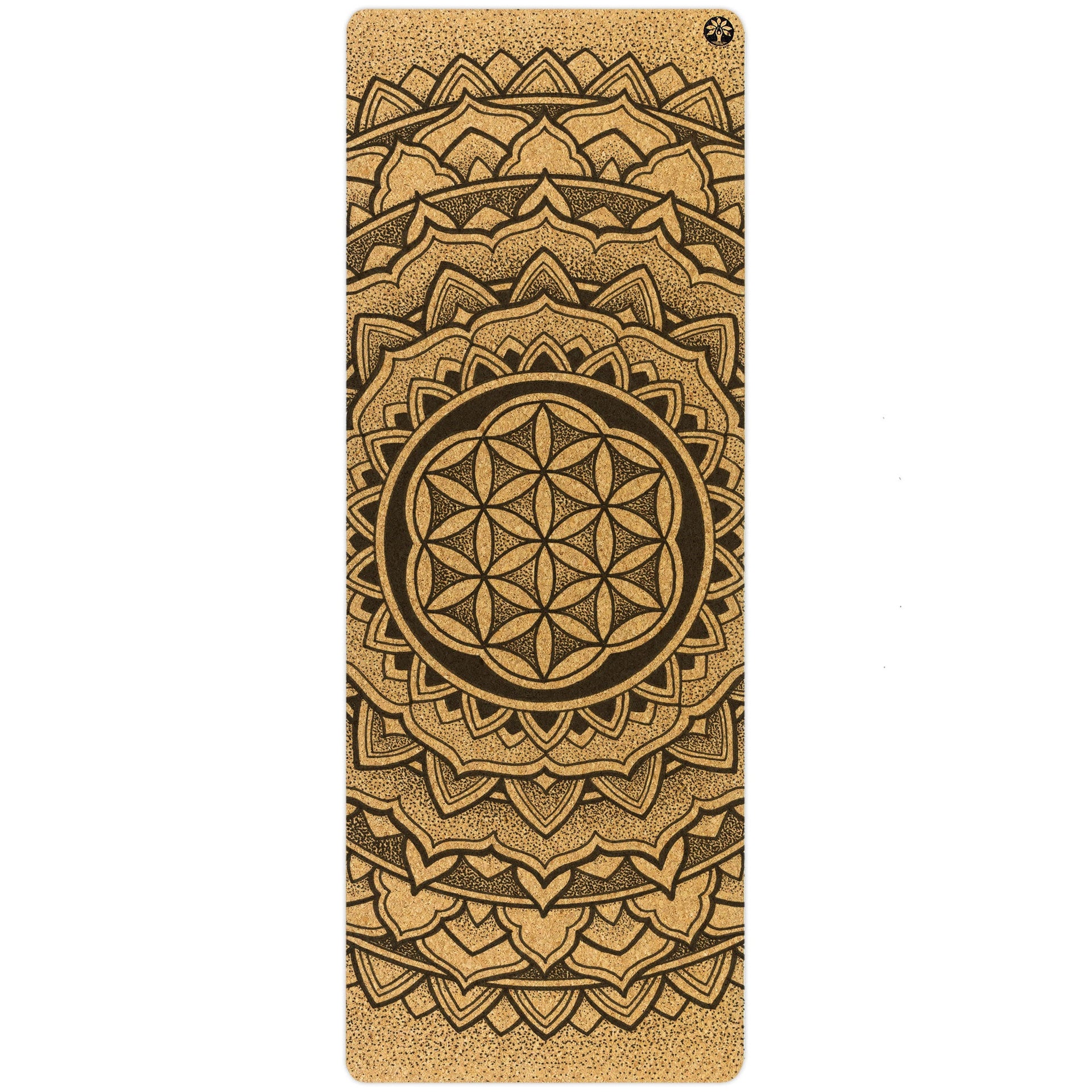 Geometric patterned Earth Rest Nomad cork yoga mat in brown and green