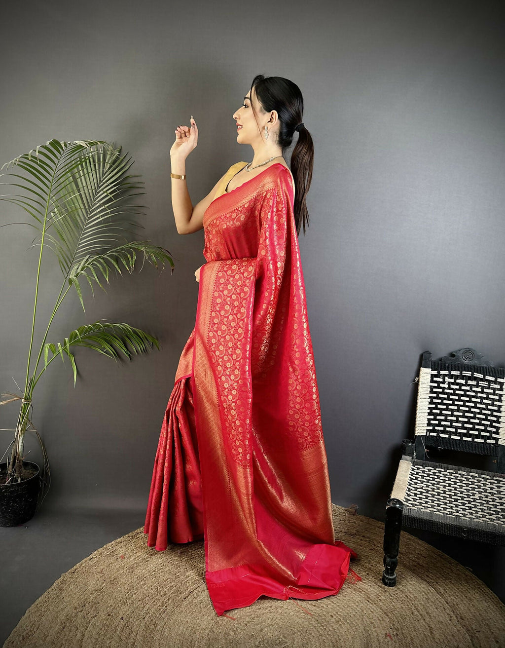 Red Floral and Paisley Motif Soft Satin Silk Banarasi Saree