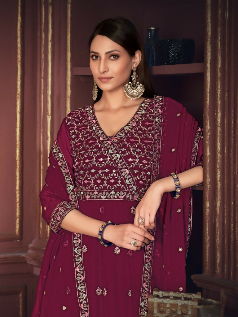 Rani Pink Georgette Embroidered Anarkali Kurta Pant Set