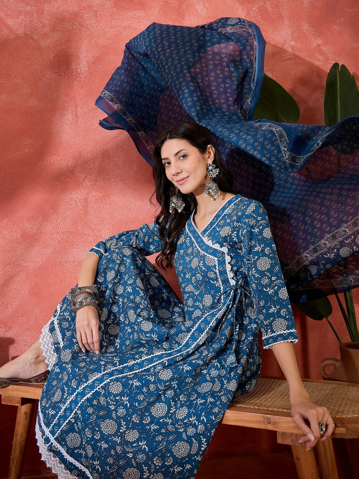 Women's Printed Blue Pure Cotton Kurta Set