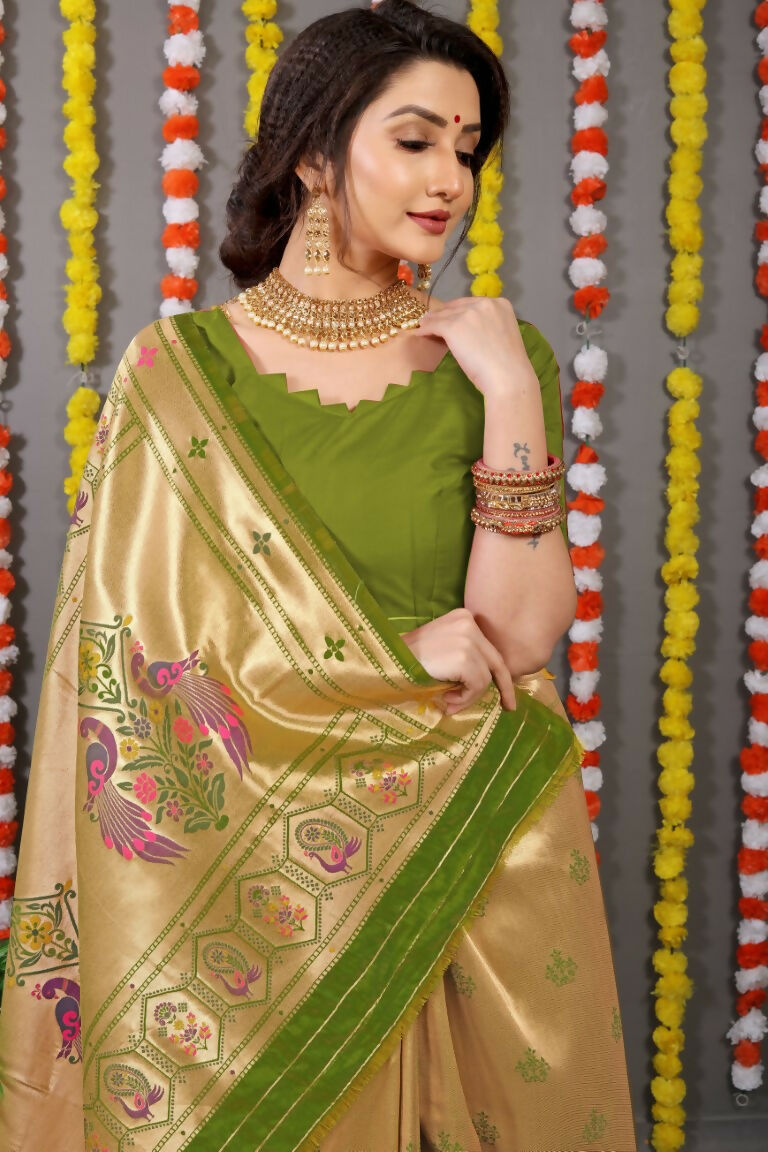 Green Paithani Silk Saree with Zari Woven Border and Blouse