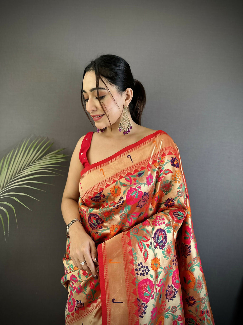 Orange Soft Silk Paithani Saree with Floral & Peacock Motifs
