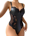 Sexy Womens Plus Size Lingerie Leather Mesh Bra Wetlook Snap Crotch Sleeveless Spaghetti Strap One Piece High Cut Bodysuit Leotard Deep V Halter Cut Out Fishnet Body Suit Bridal Lingerie Negligee