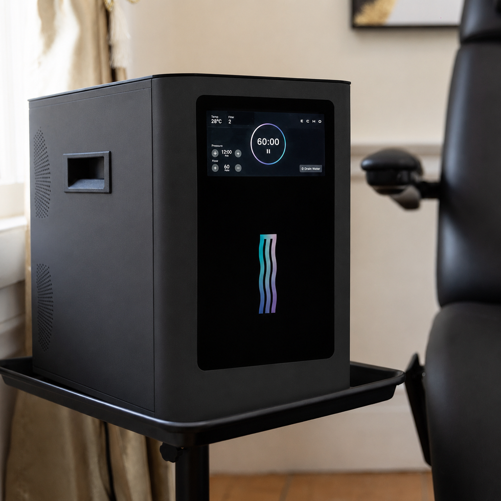 Modern minimalist black hydrogen inhalation floor-standing device in a living room setting