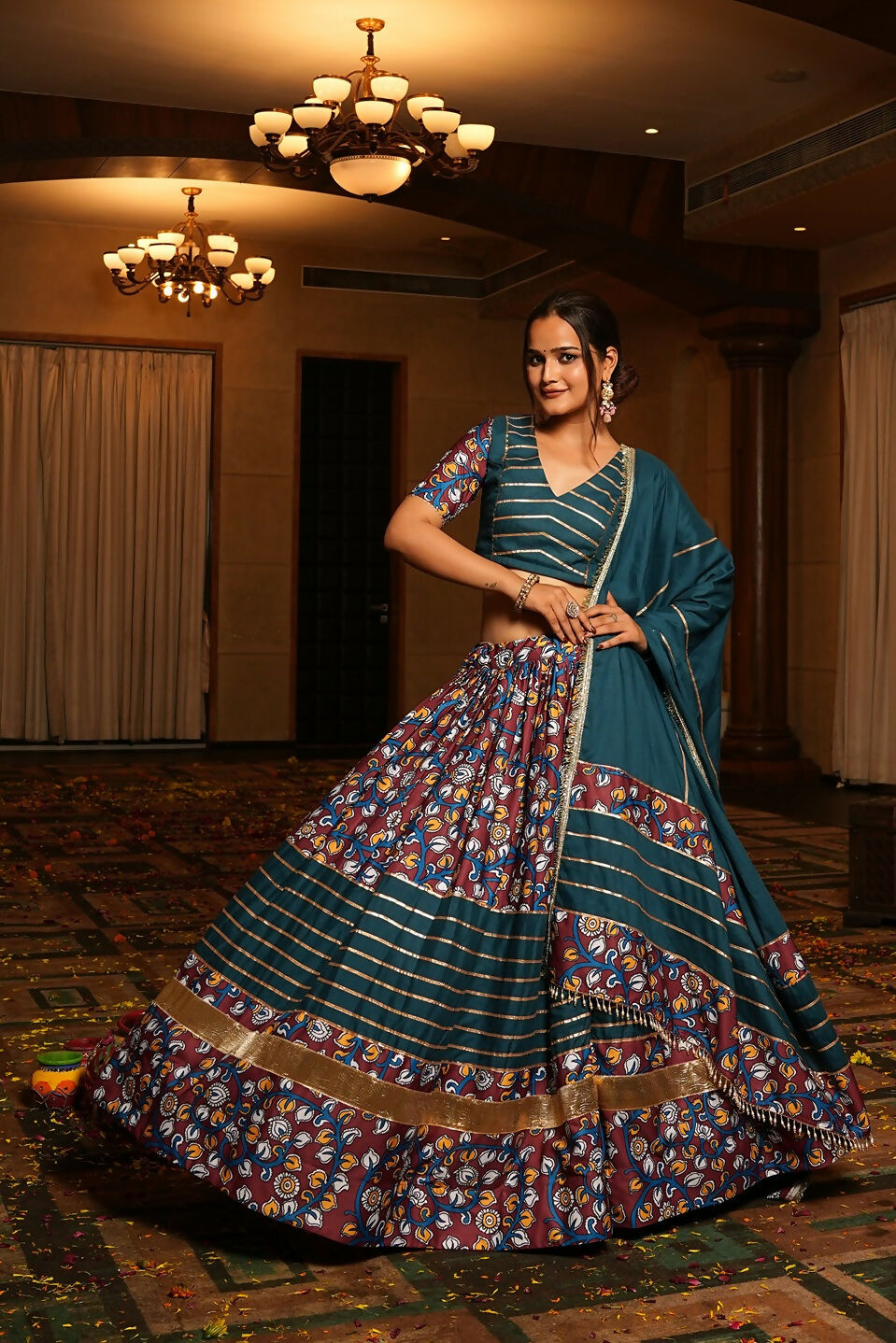 Rama Crepe Floral Designer Navratri Lehenga Choli Set
