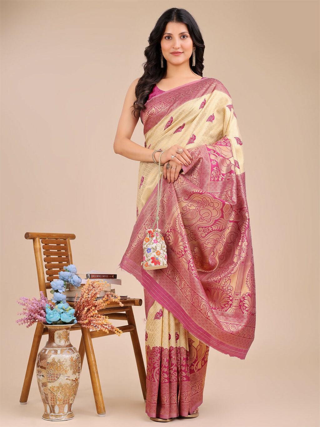 Banarasi Silk Saree in Cream & Magenta with Matching Blouse