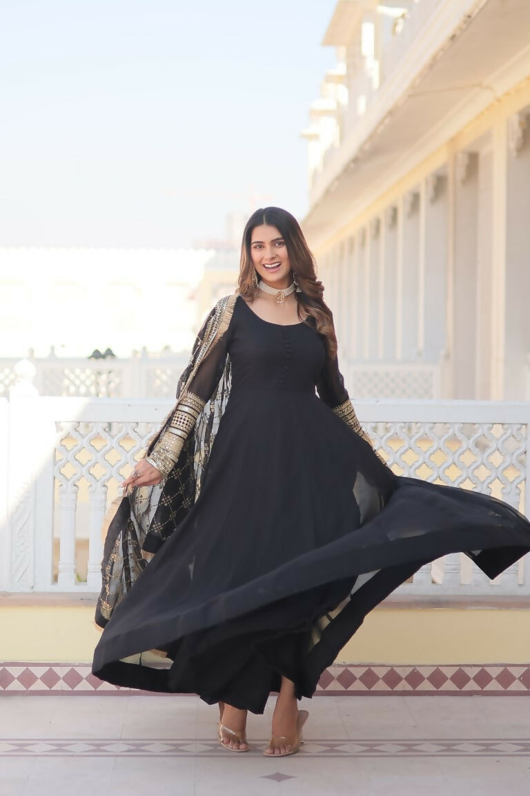 Black Faux Blooming Anarkali Dress with Sequins Zari Embroidery