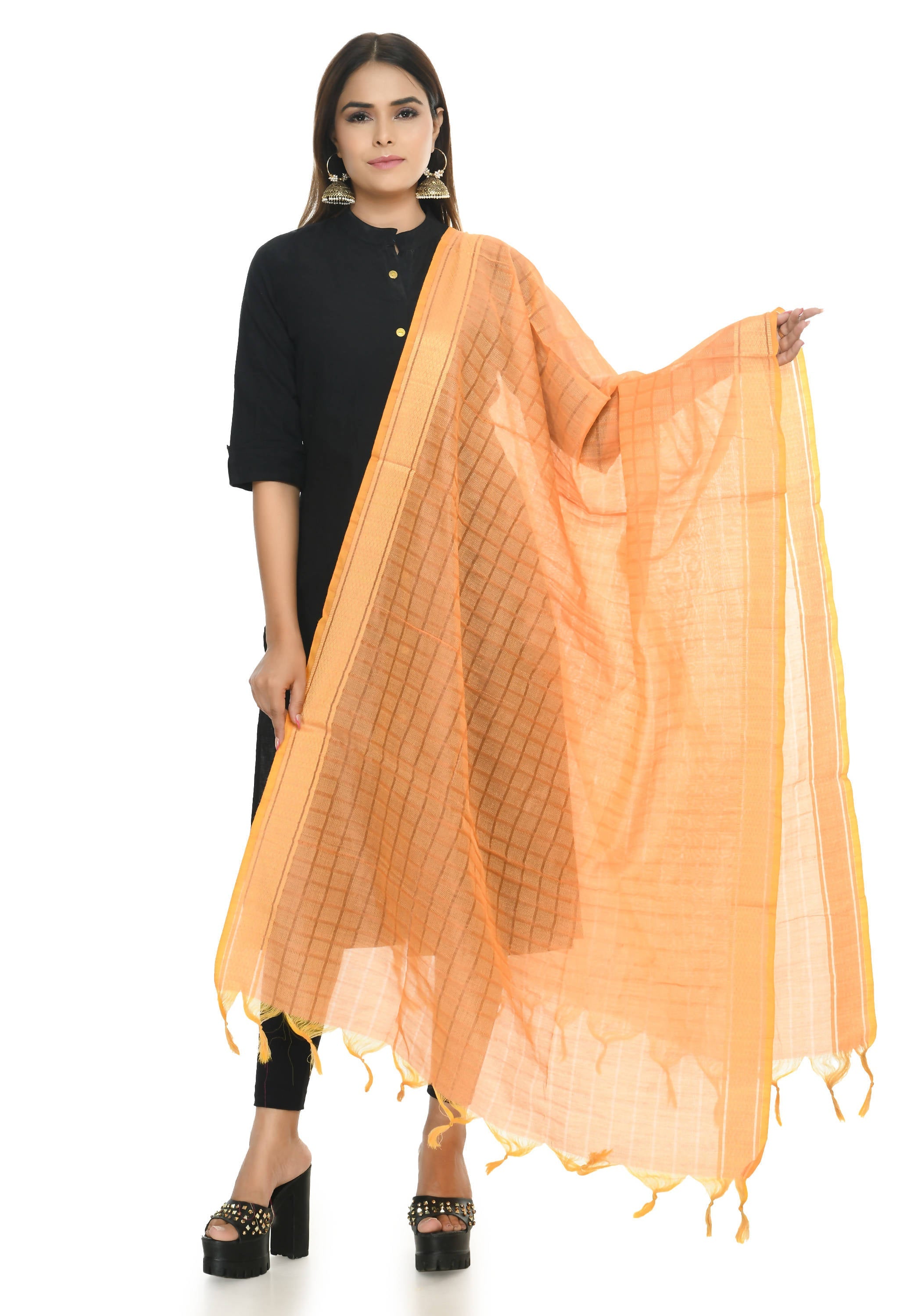 Light orange handloom cotton dupatta folded neatly