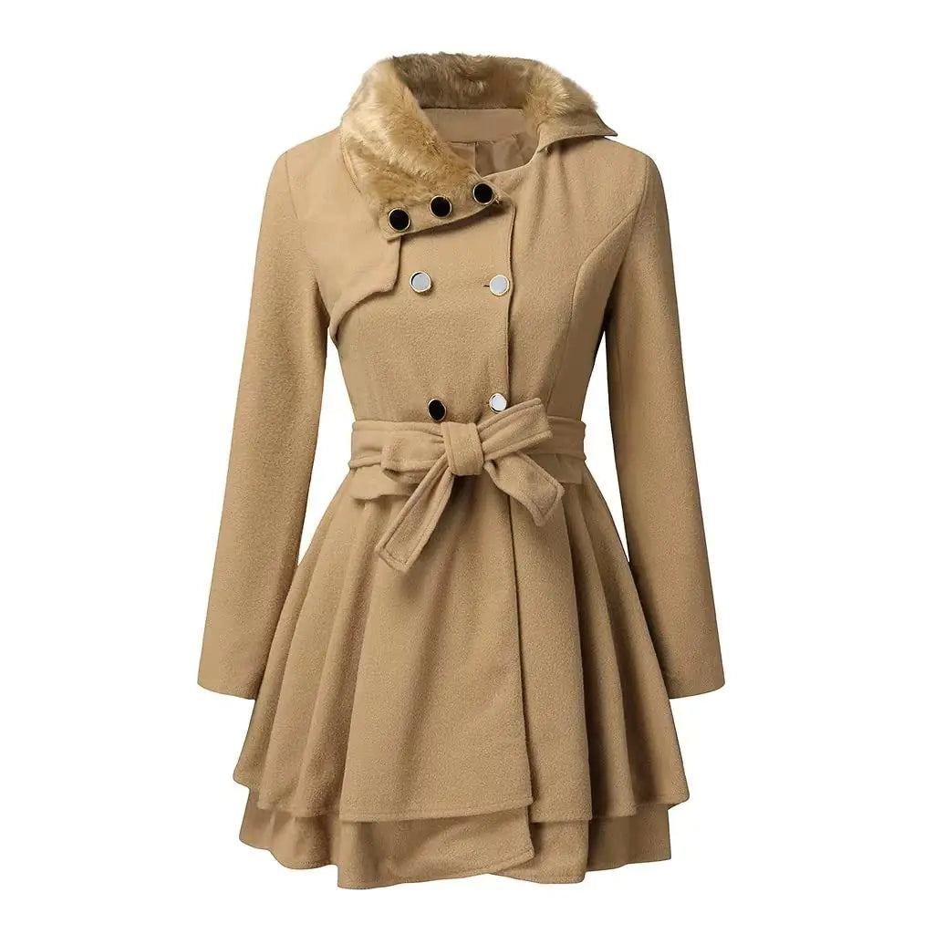 PLAZRU Double Breasted Faux Fur Collar Jacket Lapel Pea Coats for Women Winter Long Trench Coat with Belt Elegant Swing Coat