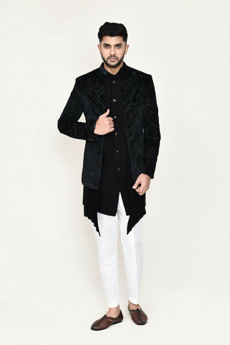 Black Velvet Embroidered Open Jacket with Matching Pant Set