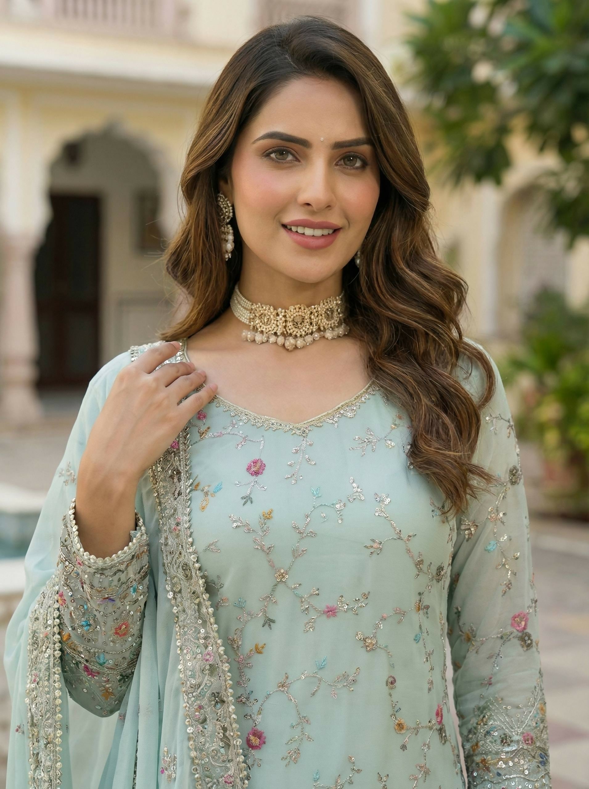 Sky Georgette Embroidered Sharara Set - Stitched Ethnic Outfit