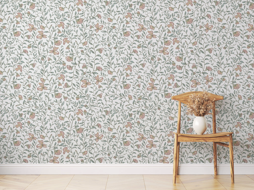 Edelweiss Botanical Removable Wallpaper in Sage-Green & Pale-Pink