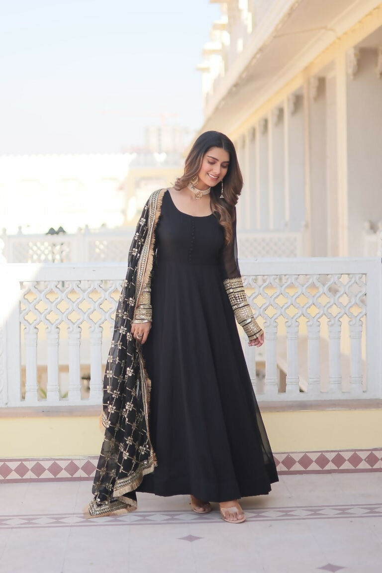 Black Faux Blooming Anarkali Dress with Sequins Zari Embroidery