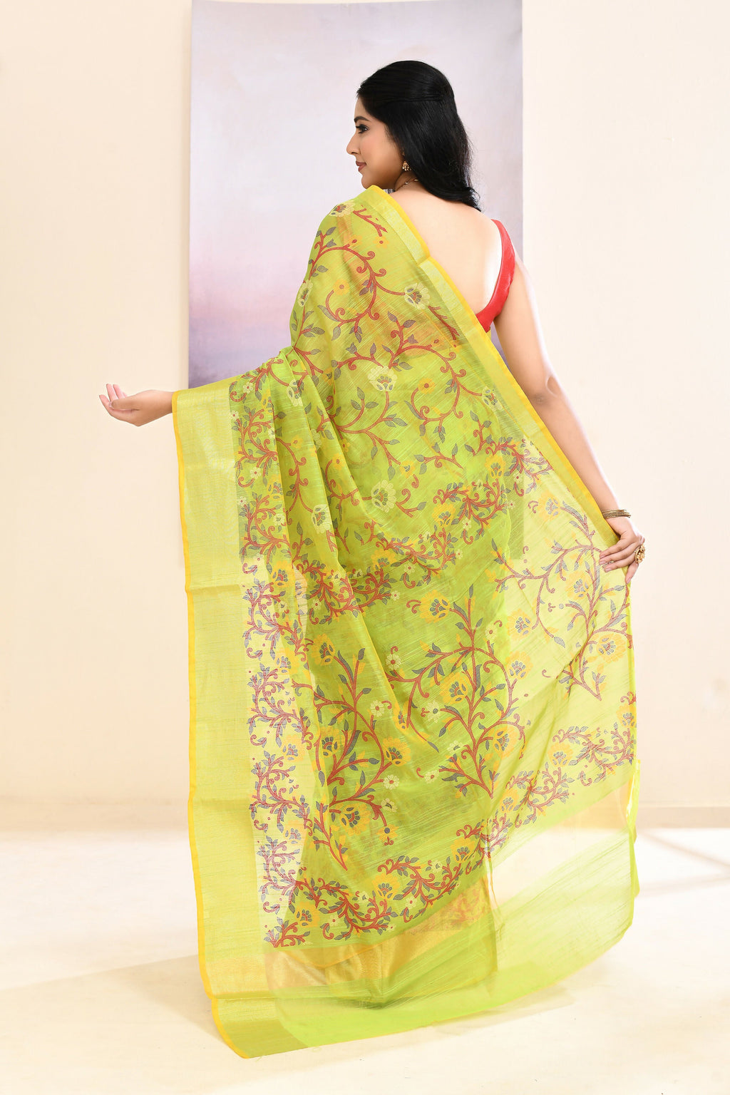 Olive Embellished Cotton Blend Printed Saree for Daily Wear